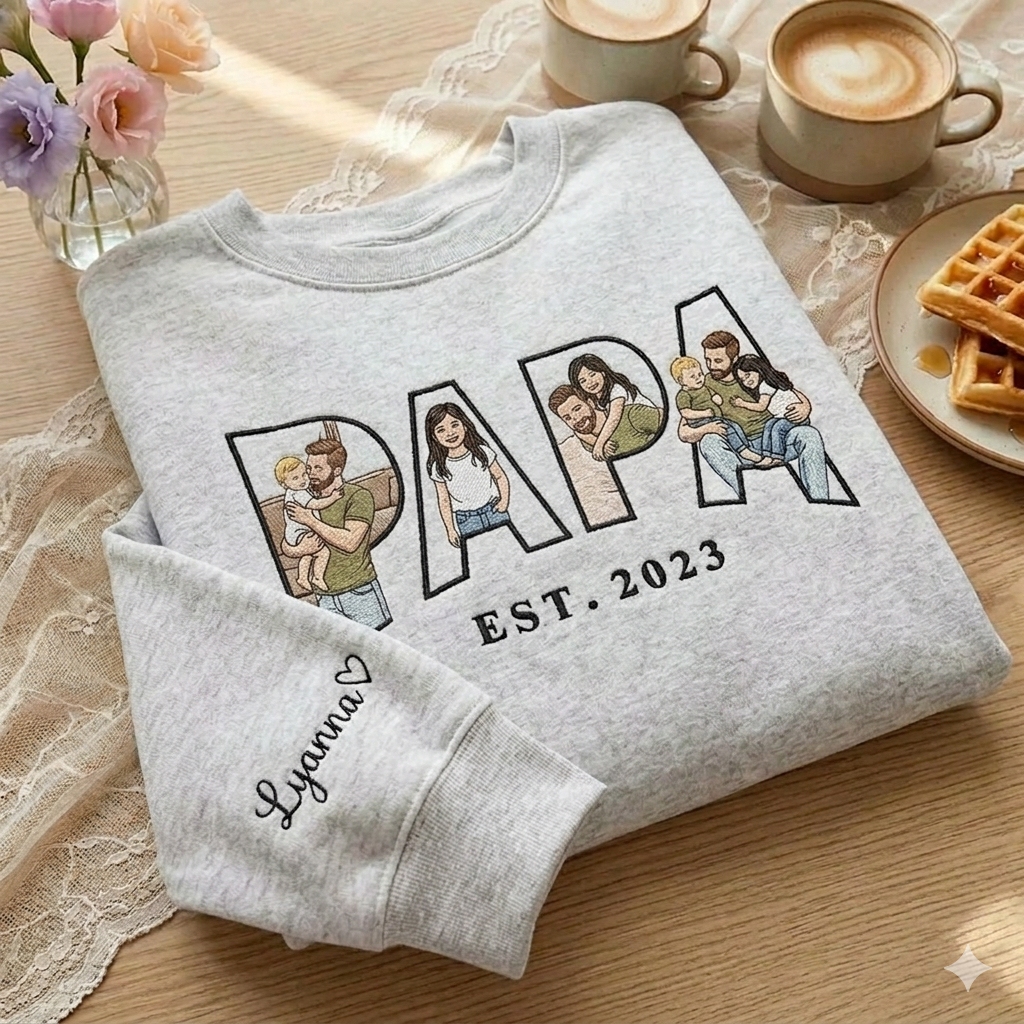 Grey PAPA sweatshirt with embroidered family portraits