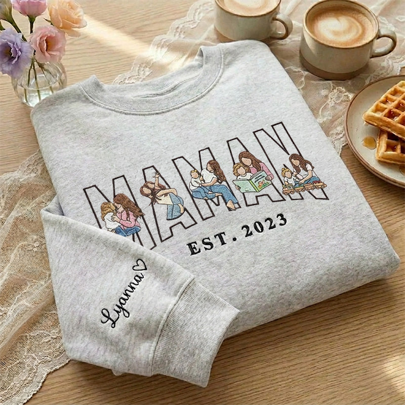 Grey MAMAN sweatshirt with embroidered family portraits