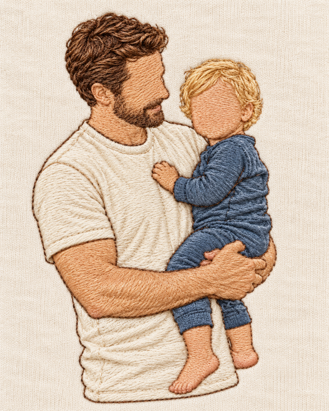 Matching father and toddler portrait with detailed embroidery