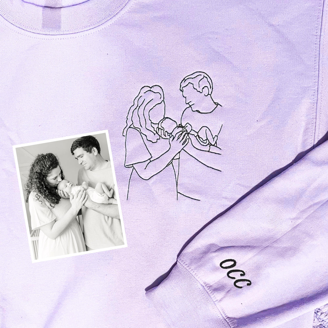 Line art family portrait embroidered on a sweatshirt next to the original photo