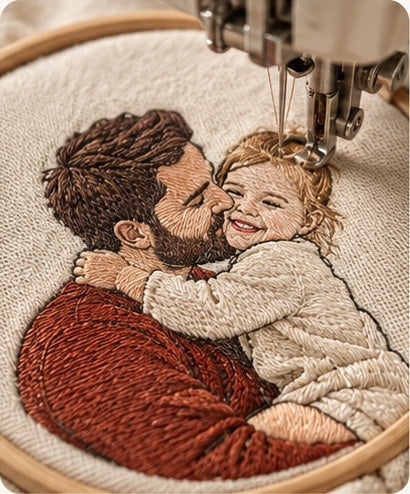Macro of precise portrait embroidery and raised threads