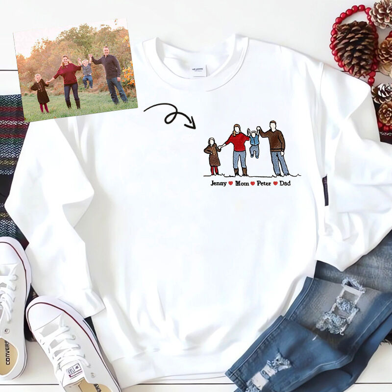 Family photo next to the embroidered sweatshirt it became