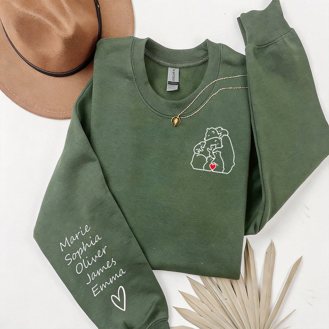 Green sweatshirt with an embroidered family and children's names on the sleeve